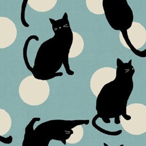 Sale - Japanese Style Cats from Cosmo Textiles - 1/2 Yard Black Cats on Teal Dobby Cloth