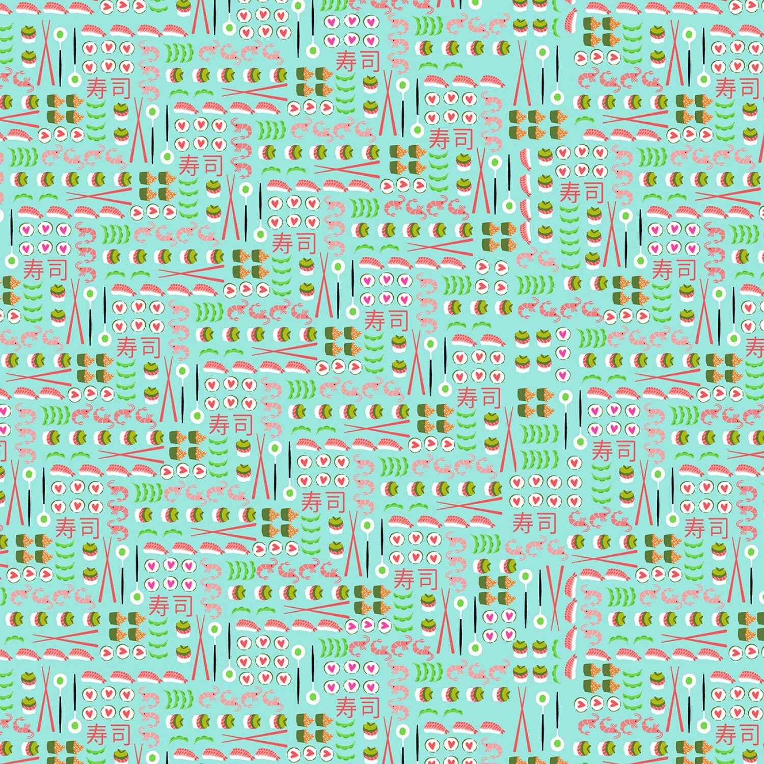 Sale 25% Off - Sale - Geisha Girl from Michael Miller Fabrics - 1/2 Yard I Love Sushi Aqua - Sushi on Light Blue