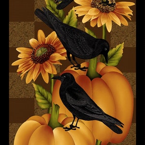 Cavalier Crows from Henry Glass & Co - 24&quot; x 44&quot; Fall Panel - Pumpkins, Crows, Sunflowers