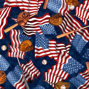 Sale - America&#39;s Pastime van Quilting Treasures - 1/2 werf Amerikaanse vlag en honkbalmotieven op marineblauw