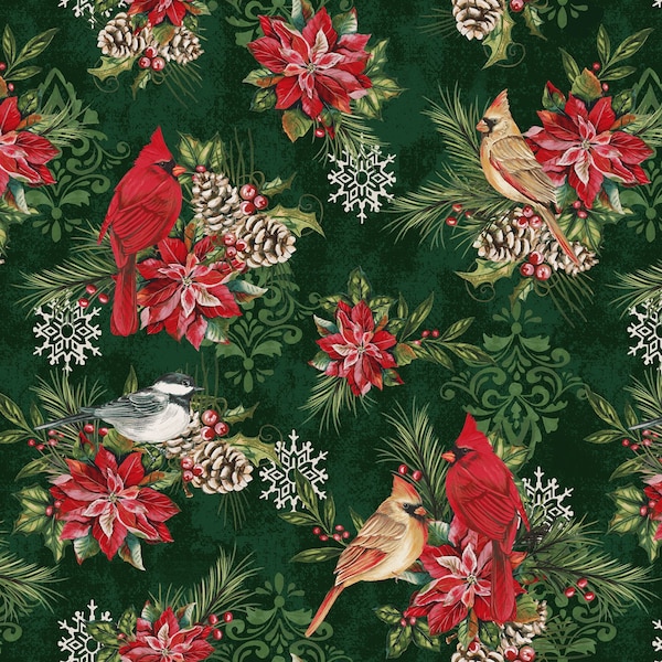 Holiday Greetings from Windham Fabrics - 1/2 Yard Pine Winter Songbirds - Cardinals on Dark Green - Christmas Chickadees and Cardinals