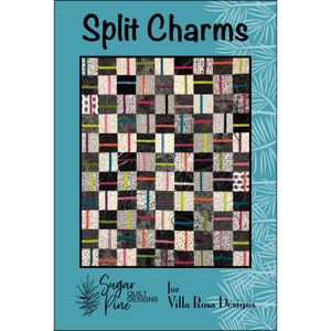 May include: A quilt pattern called "Split Charms" by Sugar Pine Quilt Designs for Villa Rosa Designs. The pattern features a black and white checkered background with colorful stripes.