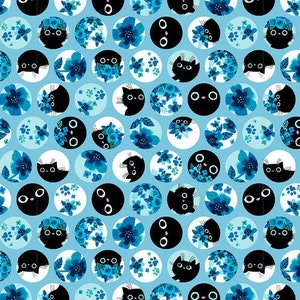 May include: A seamless pattern featuring black cats with blue flowers on a light blue background. The cats are depicted in various poses, some with their eyes closed and others with their eyes open. The flowers are arranged in a circular pattern around the cats.
