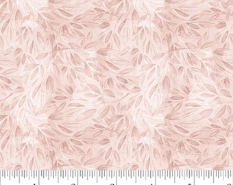 May include: A fabric featuring a repeating pattern of stylized leaves and branches in light pink and off-white hues. The fabric has a soft, watercolour-like appearance. The image includes a ruler along the bottom edge, with measurements in inches.