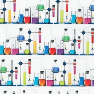 Sale - Science Fair 3 from Robert Kaufman Fabrics - 1/2 Yard Bright Idea Chemistry Flasks on White