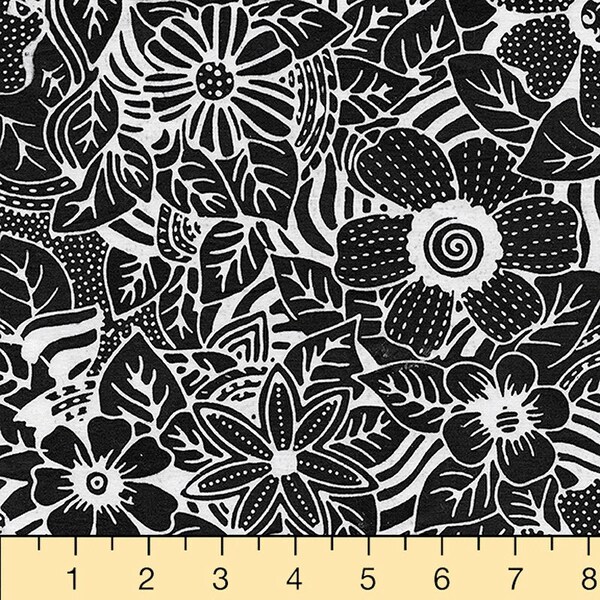 Island Batik Tweet Salt 'N Pepper  - 1/2 Yard Black and White Batik Floral