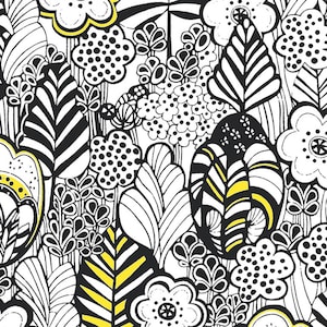 Sale - Sundance from Timeless Treasures - 1/2 Yard White Doodled Tri-Color Floral - Black White, Yellow Modern Flowers and Leaves
