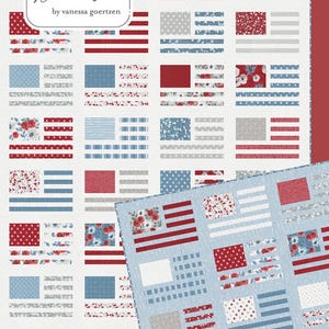 May include: A quilt pattern featuring a patriotic design with red, white, and blue flag motifs. The pattern includes various fabric patterns, including floral prints and stripes. The text "Lella Boutique" and "Miss Americana" are visible.