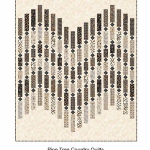 May include: A quilt pattern titled "Paradox Waves" featuring a wave-like design composed of vertical rectangular blocks. The blocks are in shades of brown, beige, and black, with various geometric and patterned designs. The quilt pattern is from Pine Tree Country Quilts.