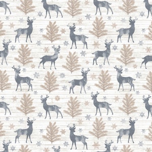 Sale 25% Off - Snow is Falling from Timeless Treasures - Half Yard Deer and Trees - Winter Silver and Gold on Cream