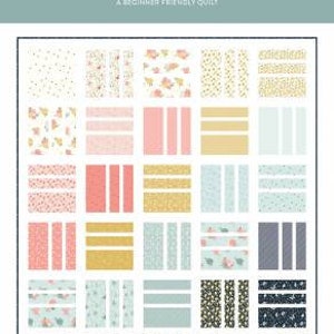 May include: A quilt pattern titled "Squared Up" with a variety of fabric swatches in pastel colors. The swatches include floral, dotted, and striped patterns. The text "A Beginner Friendly Quilt" is also included.