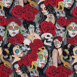 Nocturna from Alexander Henry - Half Yard Sugar Skull Women - Day of the Dead - Tattooed Women