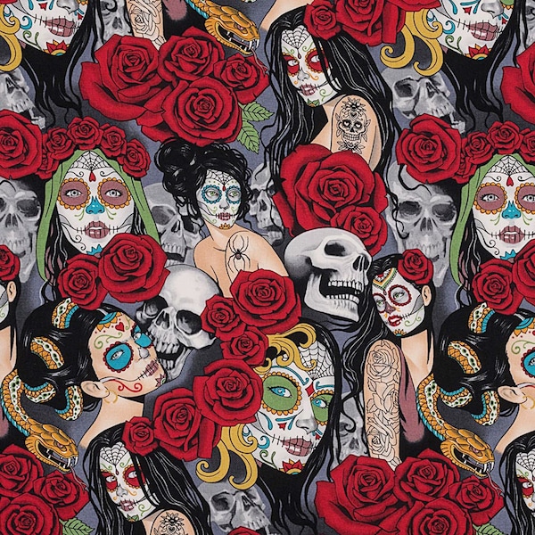 Nocturna from Alexander Henry - Half Yard Sugar Skull Women - Day of the Dead - Tattooed Women