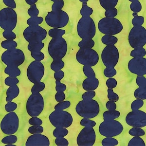 May include: Abstract fabric with a repeating pattern of dark blue, organic shapes against a bright yellow-green background. The shapes are vertically aligned, creating a textured, artistic design. The fabric has a batik-like appearance.