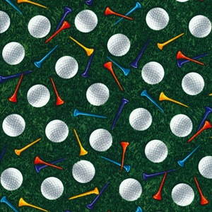 Verkauf - Sport von Timeless Treasures - 1/2 Yard Golfbälle und Tees auf Grün