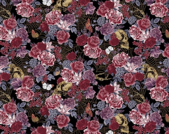 Colección Bones de Studio E - 1/2 yarda de flores negras grandes - Flores, calaveras y telarañas