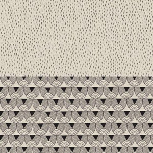 Könnte beinhalten: Ein schwarz-weißes geometrisches Muster mit einem sich wiederholenden Design aus Halbkreisen und Dreiecken. Die obere Hälfte des Musters ist einfarbig beige mit einem verstreuten Muster aus kleinen schwarzen Linien.
