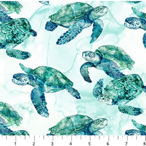 May include: A fabric pattern featuring watercolor sea turtles in shades of teal and blue. The turtles are depicted in various poses against a light blue and white background, creating a marine theme. The design is suitable for various craft projects.