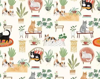 Homebodies Kollektion von Mary Urban für Clothworks - 0,5 Yard hellcremefarbener Stoff mit Hauskatzenmotiv