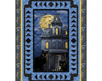 Cats & Bats Quilt Kit - Fabric + Pattern for Black Cat and Haunted House 47" x 65" Wall/Lap Quilt - Halloween Quilt Kit