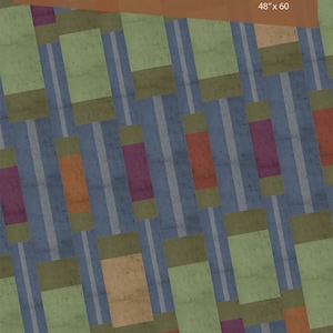 May include: A quilt pattern titled "Contempo" with dimensions of 48" x 60". The design features a repeating pattern of rectangular shapes in shades of green, orange, and purple, set against a blue background with vertical stripes. The pattern is labeled as beginner-friendly.