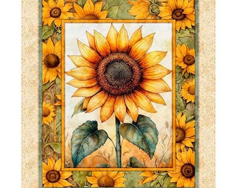 May include: A framed artwork depicting a large sunflower at the centre, with smaller sunflowers around it. The main flower has yellow petals and a dark brown centre. Green leaves and a decorative border complete the design.