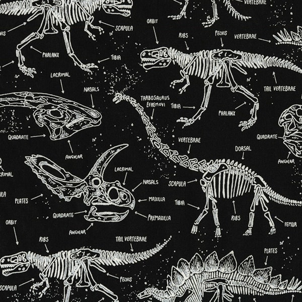 Realistic Dinosaurs from Timeless Treasures - Half Yard Black Dinosaur Fossils - Glow in the Dark