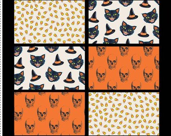 October Monthly Placemats from Riley Blake Fabrics - Six 11/25" x 18" Halloween Placemats - Black Cats, Candy Corn, and Skulls