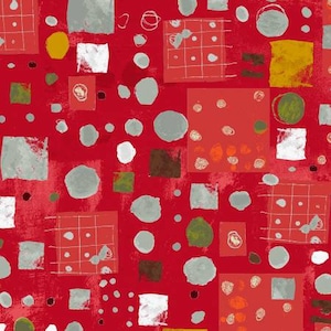 May include: Abstract pattern with red background and white, gray, and brown shapes. The shapes are circles, squares, and rectangles.