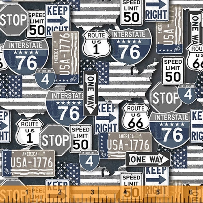 American Road Trip from Windham Fabrics Half Yard Road Signs Blue tan white image 1