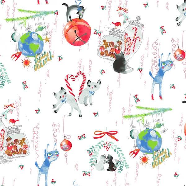 Purrfect Christmas from Clothworks - Half Yard Christmas Whimsical Cats on White by Masha D'yans