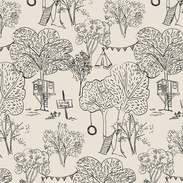 Lilliput from Art Gallery Fabrics - 1/2 Yard Fort Imagination - Black Sketched Tree Forts on Cream