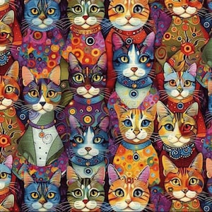Puede incluir: Un patrón repetitivo de gatos estilizados con pelaje vibrante y multicolor y collares decorativos intrincados. Cada gato muestra una combinación única de tonos brillantes, incluyendo naranja, azul, verde y morado, dispuestos en una cuadrícula densa.