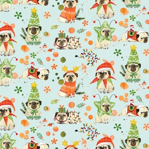Sale - Bah Hum-Pug from Dear Stella - Half Yard of Pugs Dressed for Christmas