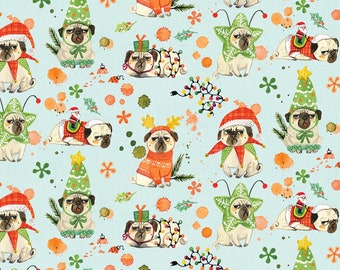 Bah Hum-Pug de Dear Stella - Carlin d'un demi-mètre habillé pour Noël - Coupes d'un demi-mètre ou d'un mètre entier uniquement***
