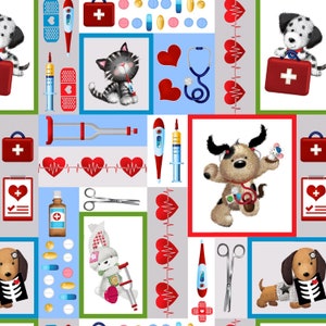Sale - Big Hugs from Henry Glass Fabrics - 1/2 Yard Gray Well Being Patchwork - Animals Playing Doctor