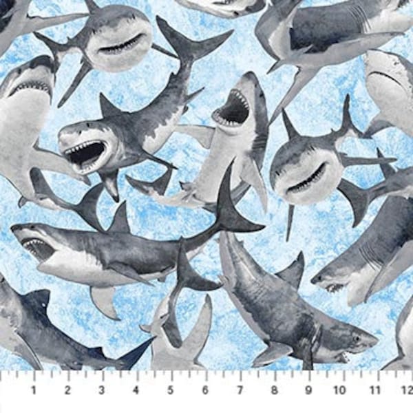 Shark Attack from Northcott Fabrics - 1/2 Yard Sharks on Blue -