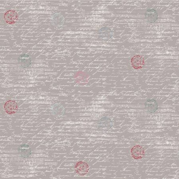 La Parisienne Travel notes from Michael Miller Fabrics - Half Yard of White Script and Multicolored Stamps on Grey