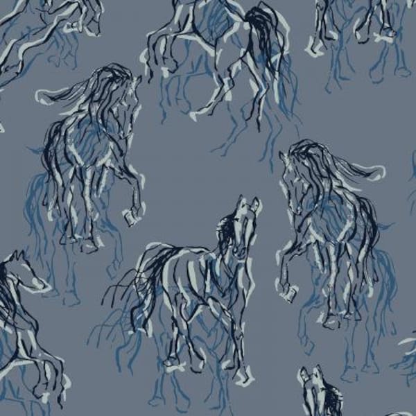 Wild Horses from RJR Studio - Half Yard Modern Sketched Horses Blue Gray