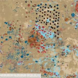 Spotted Graffiti by Marcia Derse for Windham Fabrics - 1/2 Yard Drawing - Tan with Red Blue Black Modern Graffiti