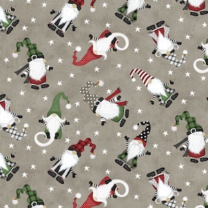 Sale - Sale - Gnome-Antics from Wilmington Prints - 1/2 Yard Tossed Gnomes in Christmas Stocking Hats on Taupe