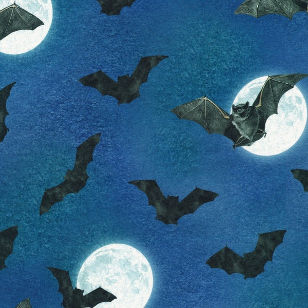 Raven Moon from Robert Kaufman - Half Yard Halloween Bats and Full Moon on Blue - Arriving 6/29