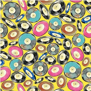 Sale - Vinyl from Michael Miller Fabrics - 1/2 Yard of Tossed Records on Yellow
