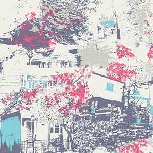 Sale - Skopelos van Art Gallery Fabrics - 1/2 Yard Chora Winds - Moderne abstracte huizen, architectuur, bomen