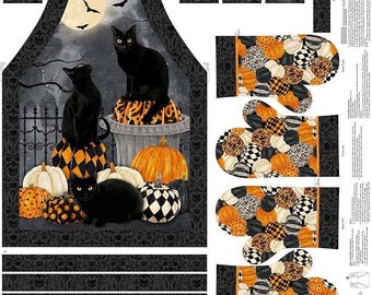 Hallow's Eve from Northcott Fabrics - Apron and Oven Mitt Panel Halloween, Black Cats, Bats, Pumpkins - 1 Yard 8"