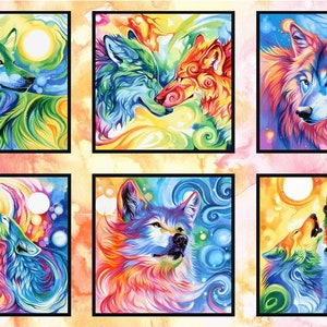 May include: Six colorful watercolor paintings of wolves with swirling patterns and a moon phase border. The wolves are depicted in various poses, including howling, cuddling, and looking directly at the viewer.