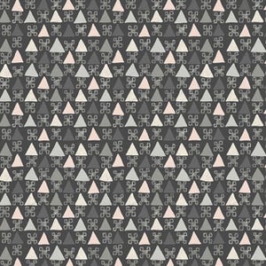 May include: A repeating pattern of triangles and abstract shapes in shades of gray, pink, and white on a dark gray background. The design is evenly spaced, creating a geometric and textured appearance. The pattern is suitable for fabric or wallpaper.
