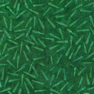 May include: A seamless fabric pattern in shades of green. The design features scattered, elongated shapes resembling blades or spikes, creating a textured, organic appearance. The background is a darker, mottled green.
