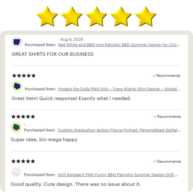 Five Star Reviews PNG, Customer Testimonials Digital Art, High Praise Ratings PNG, Etsy Shop Reviews, Customer Feedback Clipart Icons