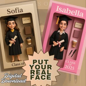 Figura de acción de graduación personalizada, retrato, caja de juguetes digital personalizada, estudiante de la clase de 2025, figura de graduación en lienzo o archivo digital